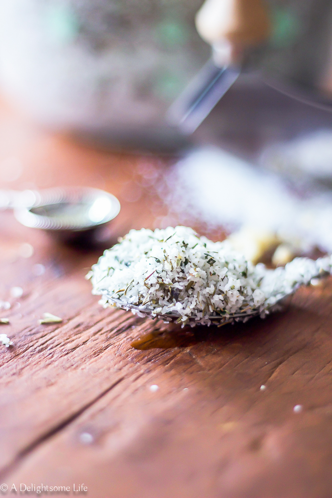 coarse homemade herbed salt as gifts for Christmas on A Delightsome Life