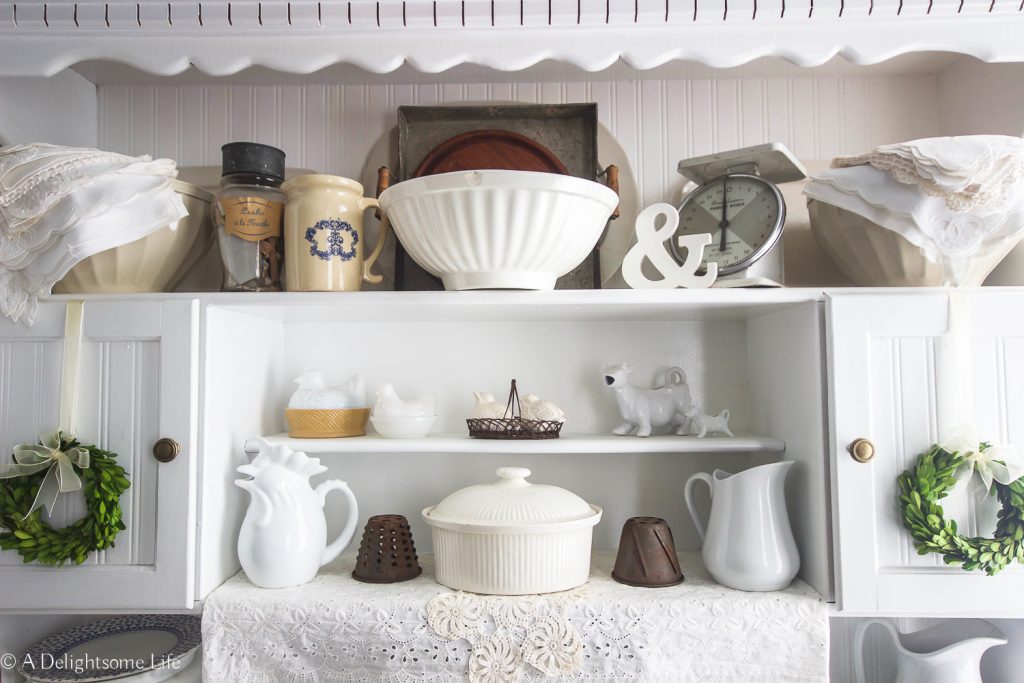 step-by-step tutorial on how I style my hutch in French Farmhouse style on A Delightsome Life