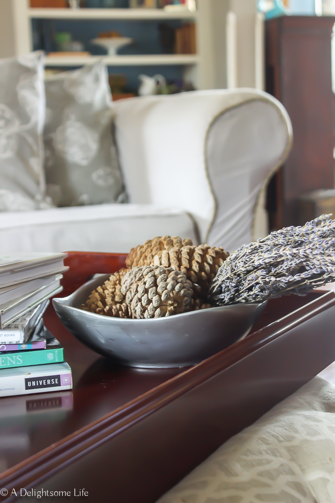neutral decor includes soothing accents of bleached pinecones and dried Lavender on A Delightsome Life