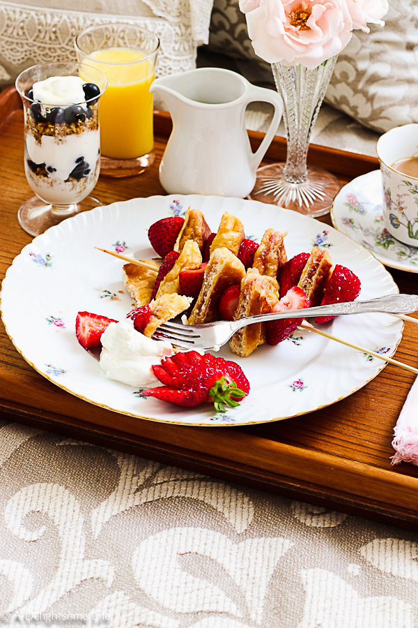 French toast kebab with strawberries breakfast