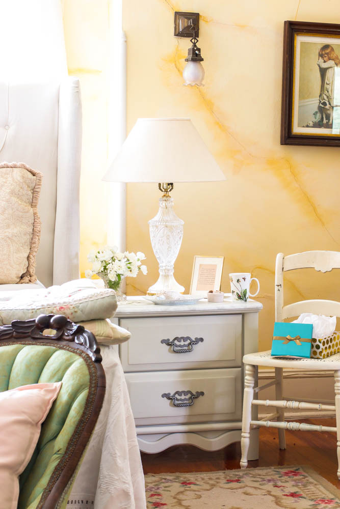 faux marble painted nightstand in Master bedroom